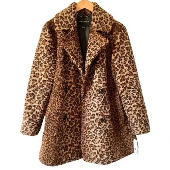 Bernardo Leopard Print Faux Fur Coat Teddy Jacket Oversized Pea Coat Womens - Picture 1 of 10